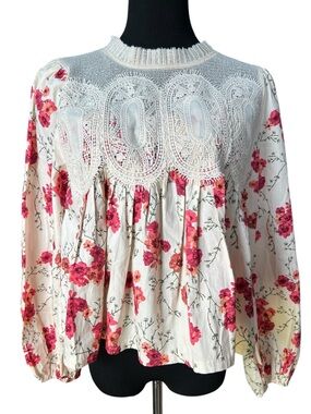 En Elly Floral Lace Yoke Blouse Boho Peasant Top Cream Pink Size Small